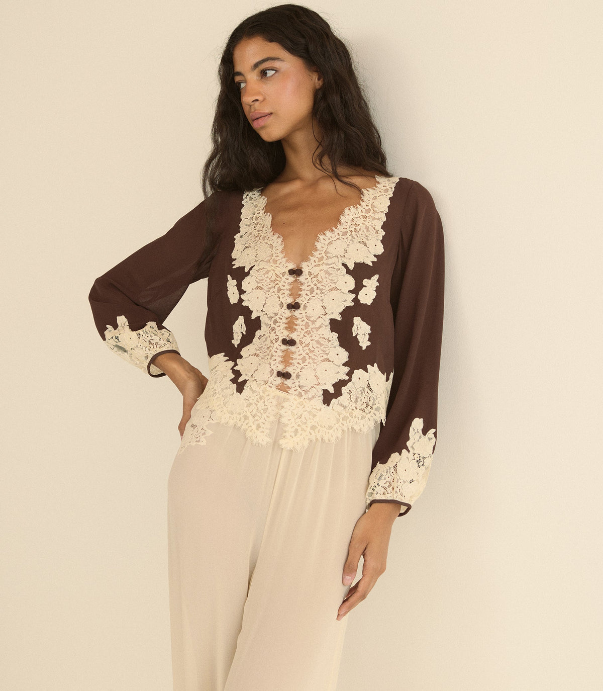 Clarimonde Silk Georgette Top in Chicory Bark