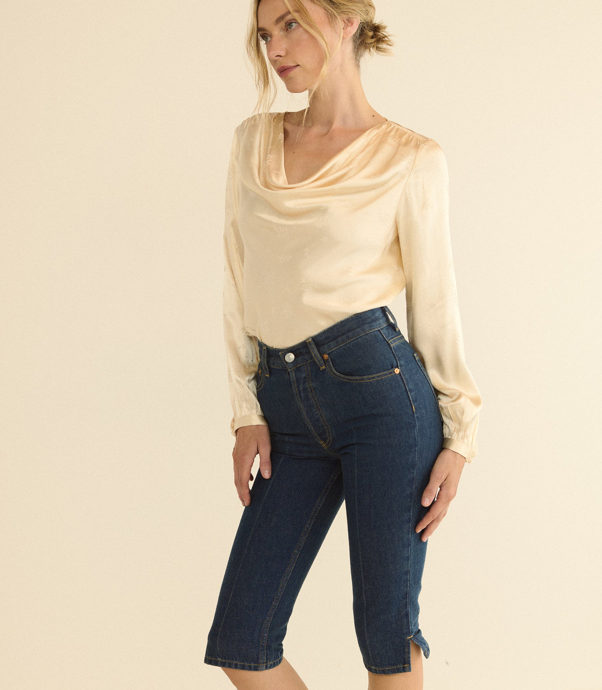 Espoir Cowl Neck Jacquard Top in Candlelight