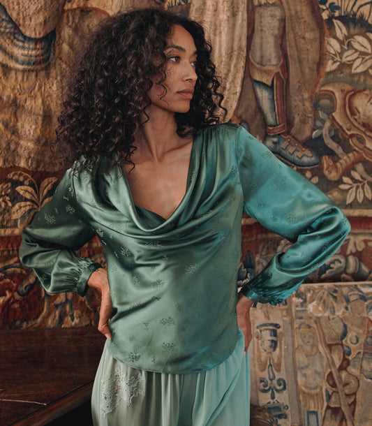 Espoir Cowl Neck Luxury Jacquard Top in Laurel