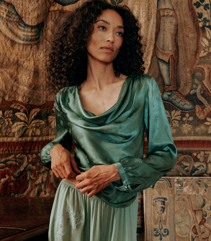 Espoir Cowl Neck Luxury Jacquard Top in Laurel