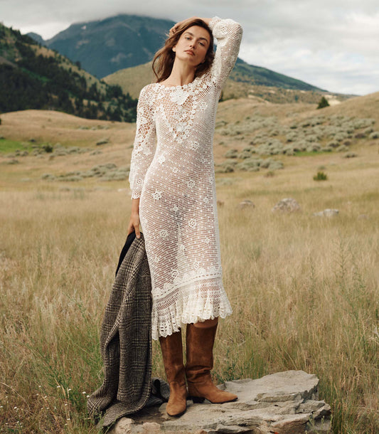 Floria Dress – Pearl Hand-Crocheted Midi Dress