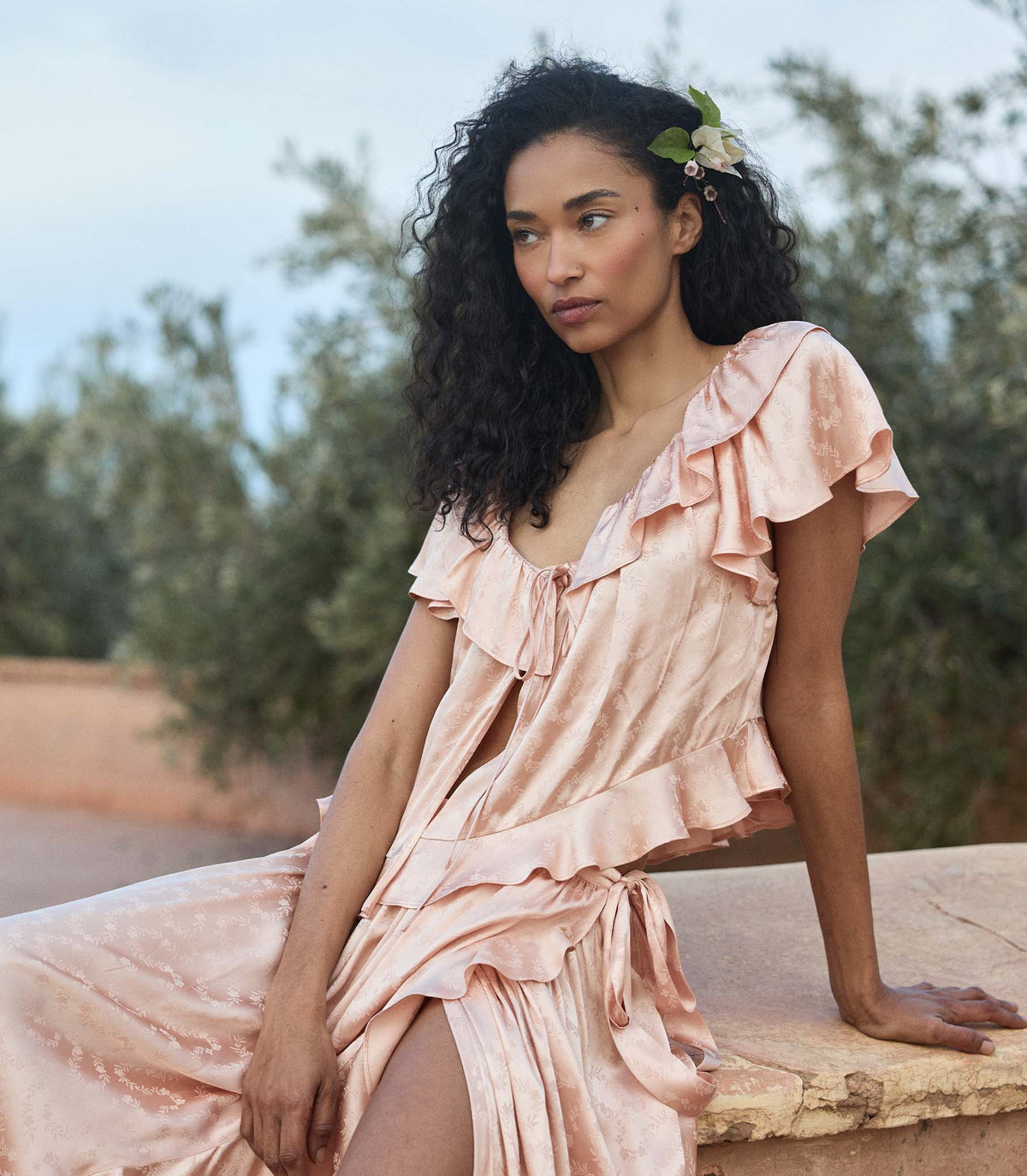 Floriette Top – Peach Sorbet Ruffle Jacquard