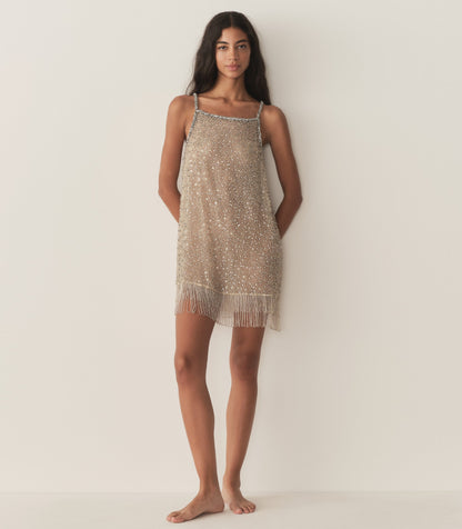 Gala Dress in Champagne – Hand-Beaded Silk Gown