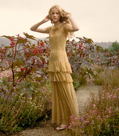 Garbo Dress – Burnished Gold Lace Evening Gown