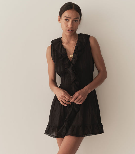 Henrietta Lace Ruffle Mini Dress in Black | Ramie