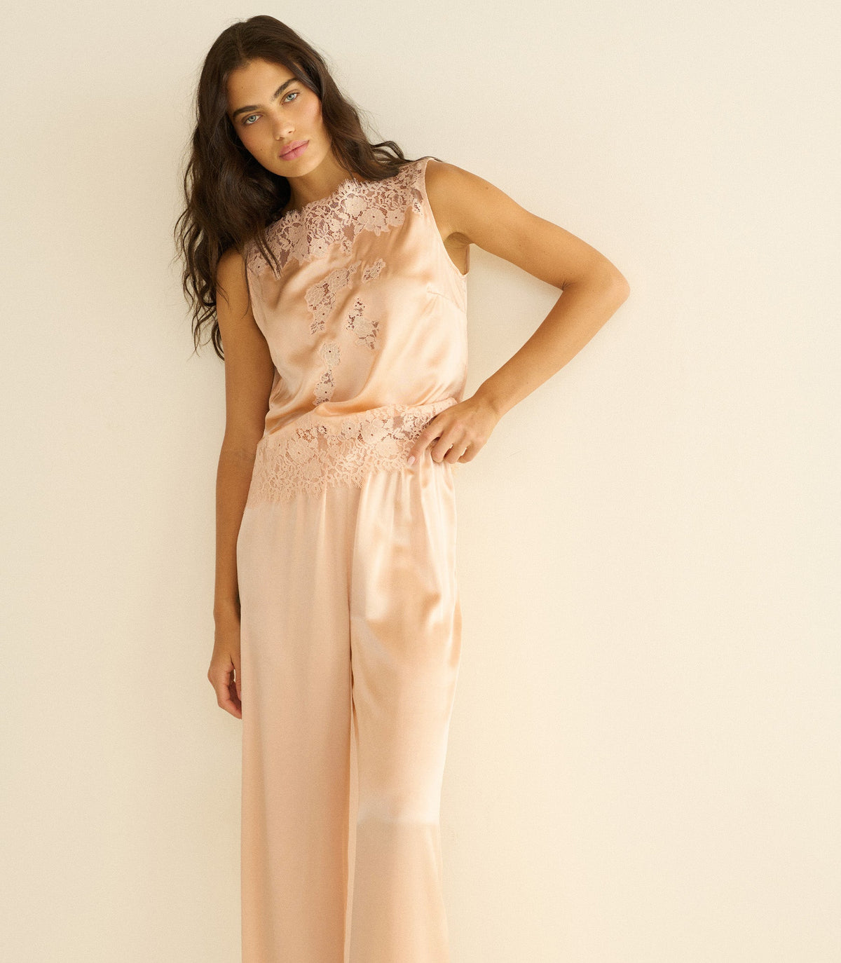 Viviane Top Peach Sorbet | Silk Satin Floral Lace Blouse