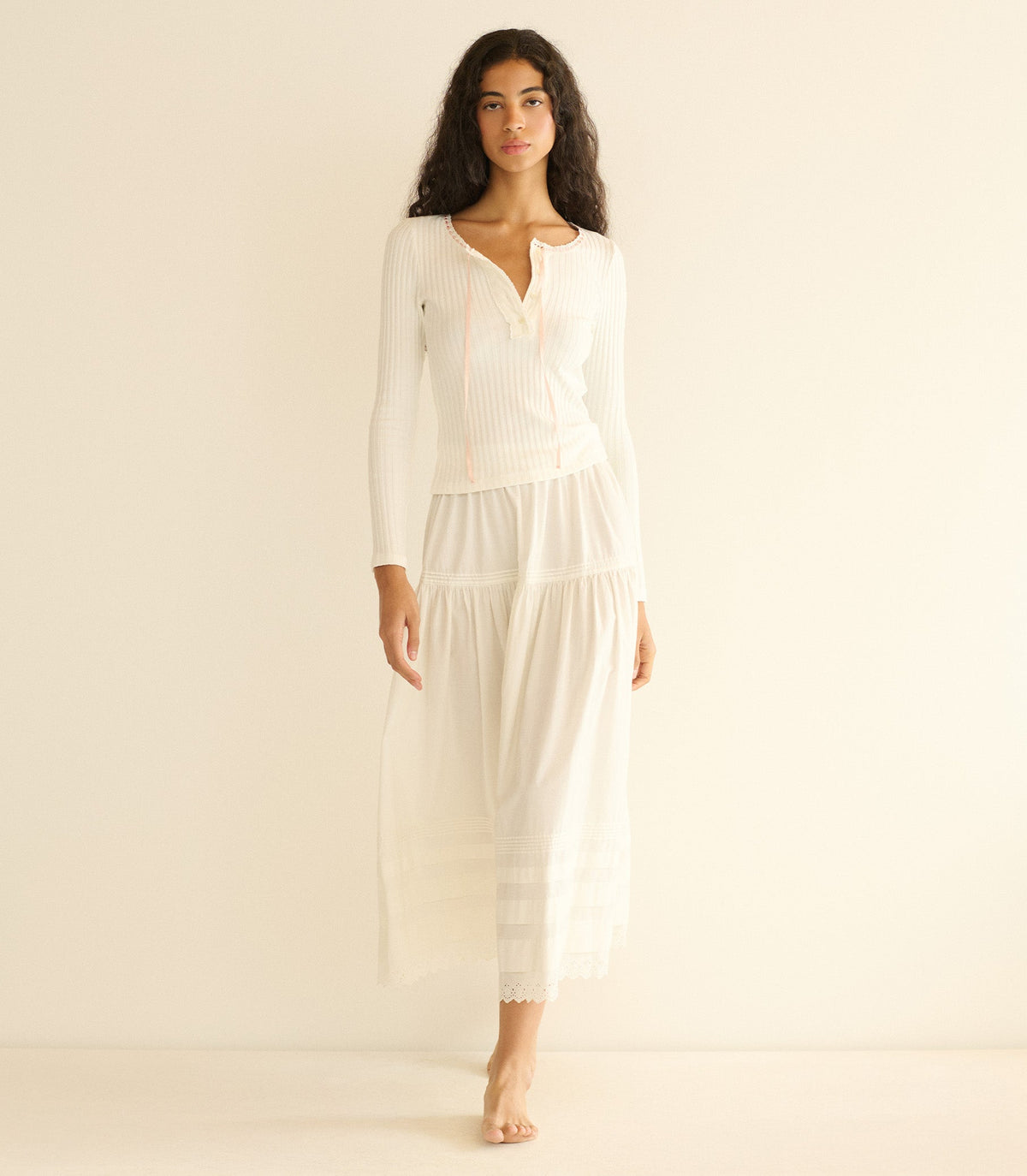 DÔEN Lidie Cotton Henley Tee with Lace Trim – Salt