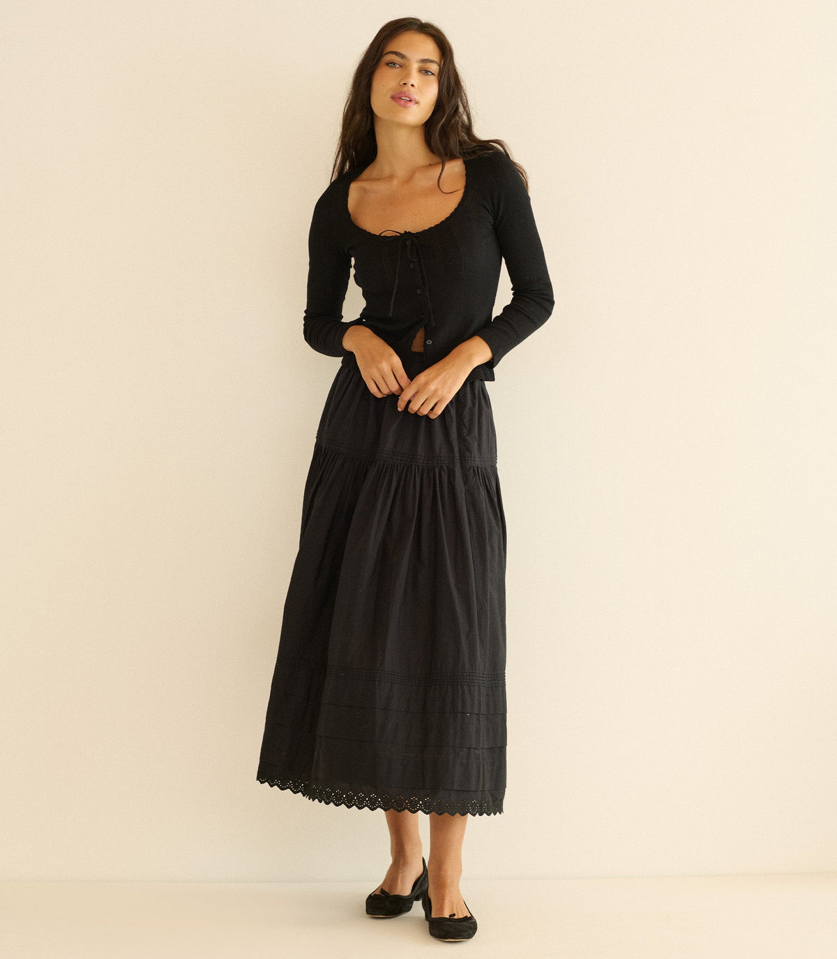 Lori Black Organic Cotton Pointelle Fitted Tee