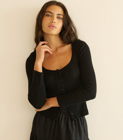Lori Black Organic Cotton Pointelle Fitted Tee