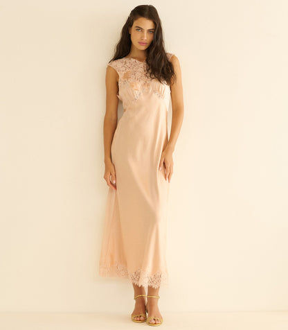 Marcelle Silk Satin Dress – Peach Sorbet | Floral Lace
