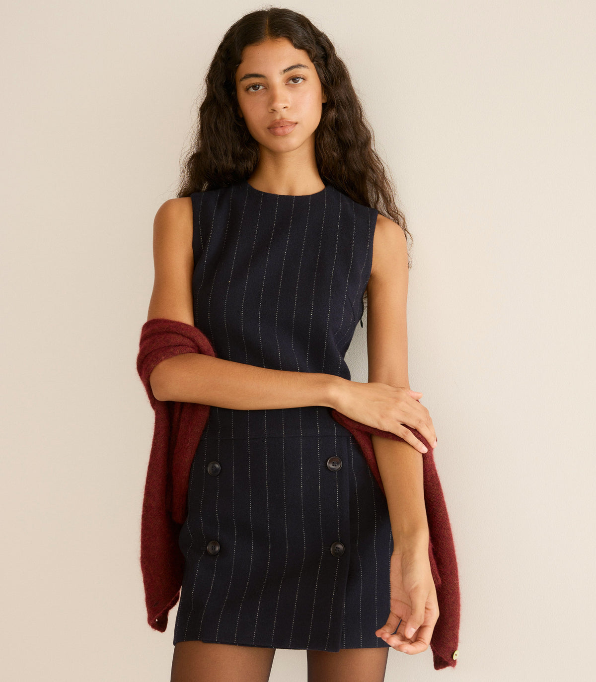 DÔEN Heirloom Polly Boiled Wool Pinstripe Dress