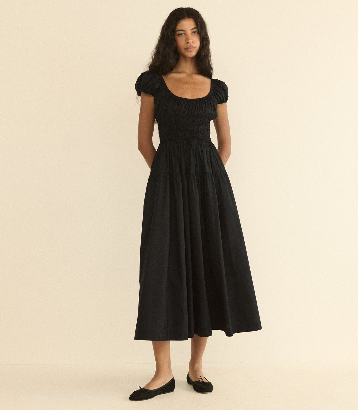 Quinelle Organic Cotton Poplin Midi Dress in Black