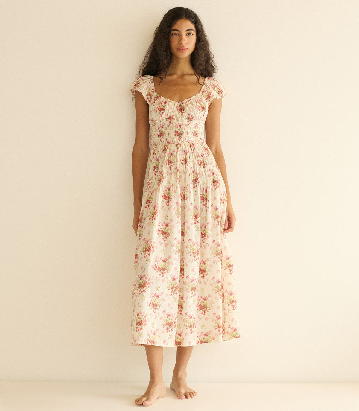 Quinette Organic Cotton Voile Floral Midi Dress – Ivory