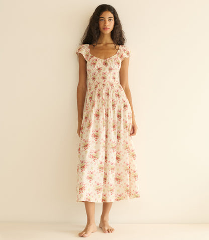 Quinette Organic Cotton Voile Floral Midi Dress – Ivory
