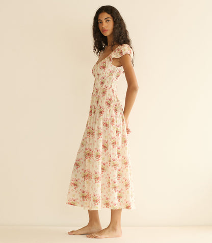 Quinette Organic Cotton Voile Floral Midi Dress – Ivory