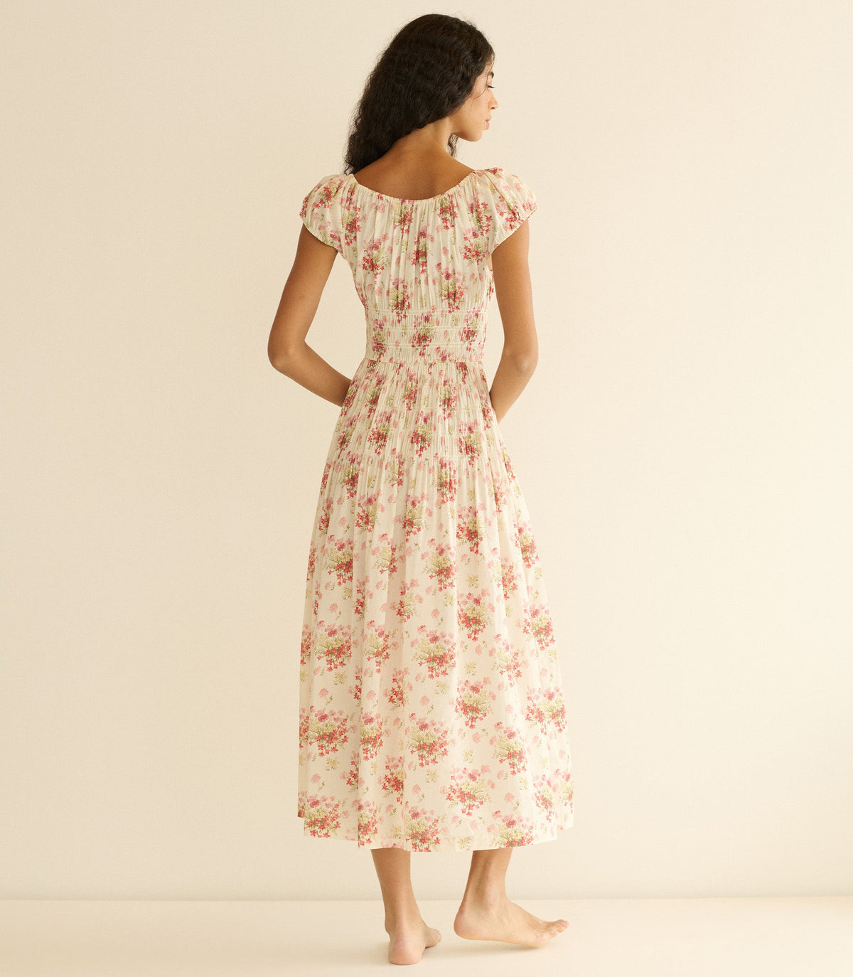 Quinette Organic Cotton Voile Floral Midi Dress – Ivory