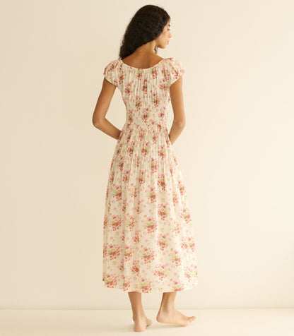 Quinette Organic Cotton Voile Floral Midi Dress – Ivory