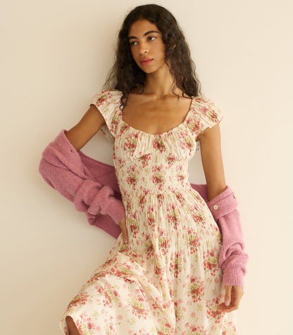 Quinette Organic Cotton Voile Floral Midi Dress – Ivory