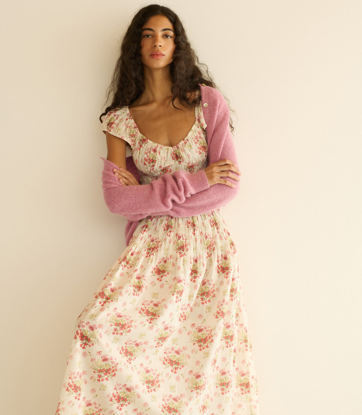 Quinette Organic Cotton Voile Floral Midi Dress – Ivory
