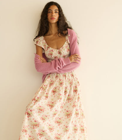 Quinette Organic Cotton Voile Floral Midi Dress – Ivory