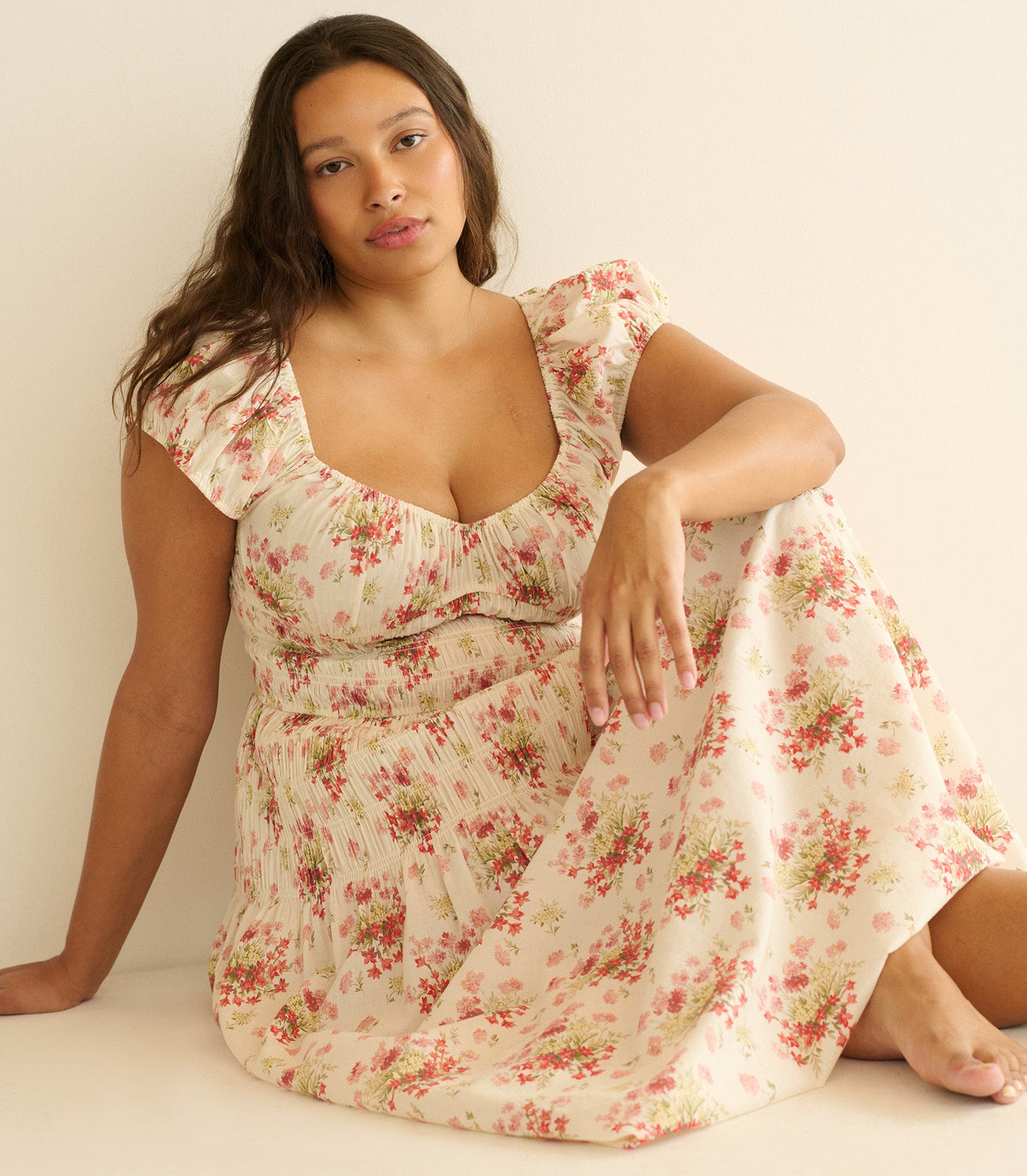 Quinette Organic Cotton Voile Floral Midi Dress – Ivory