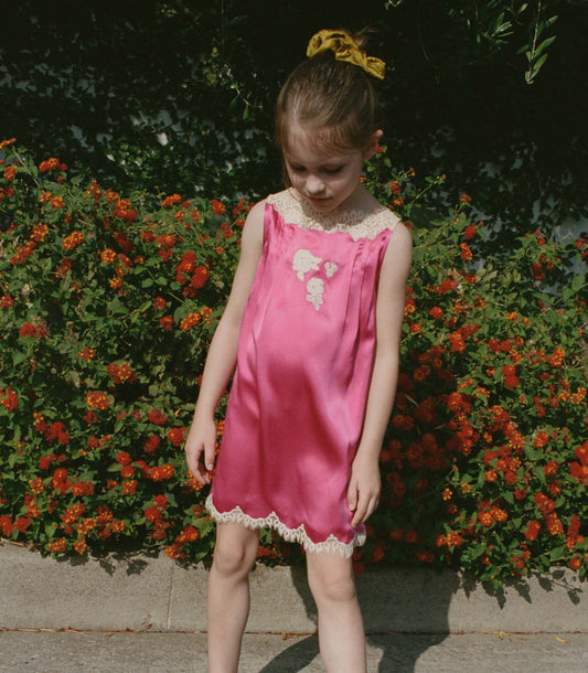 Vivette Dress Magenta | Girls' Silk Satin Lace Occasion Dress