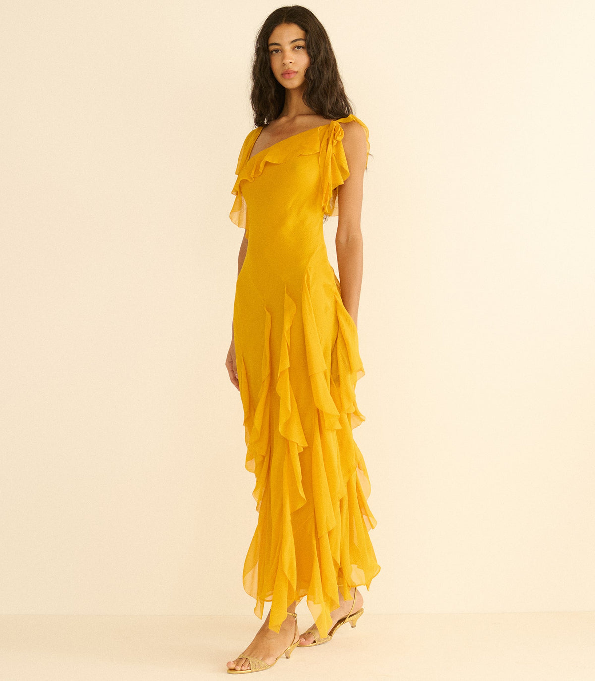 Zelia Silk Chiffon Asymmetric Maxi Dress – Sunflower