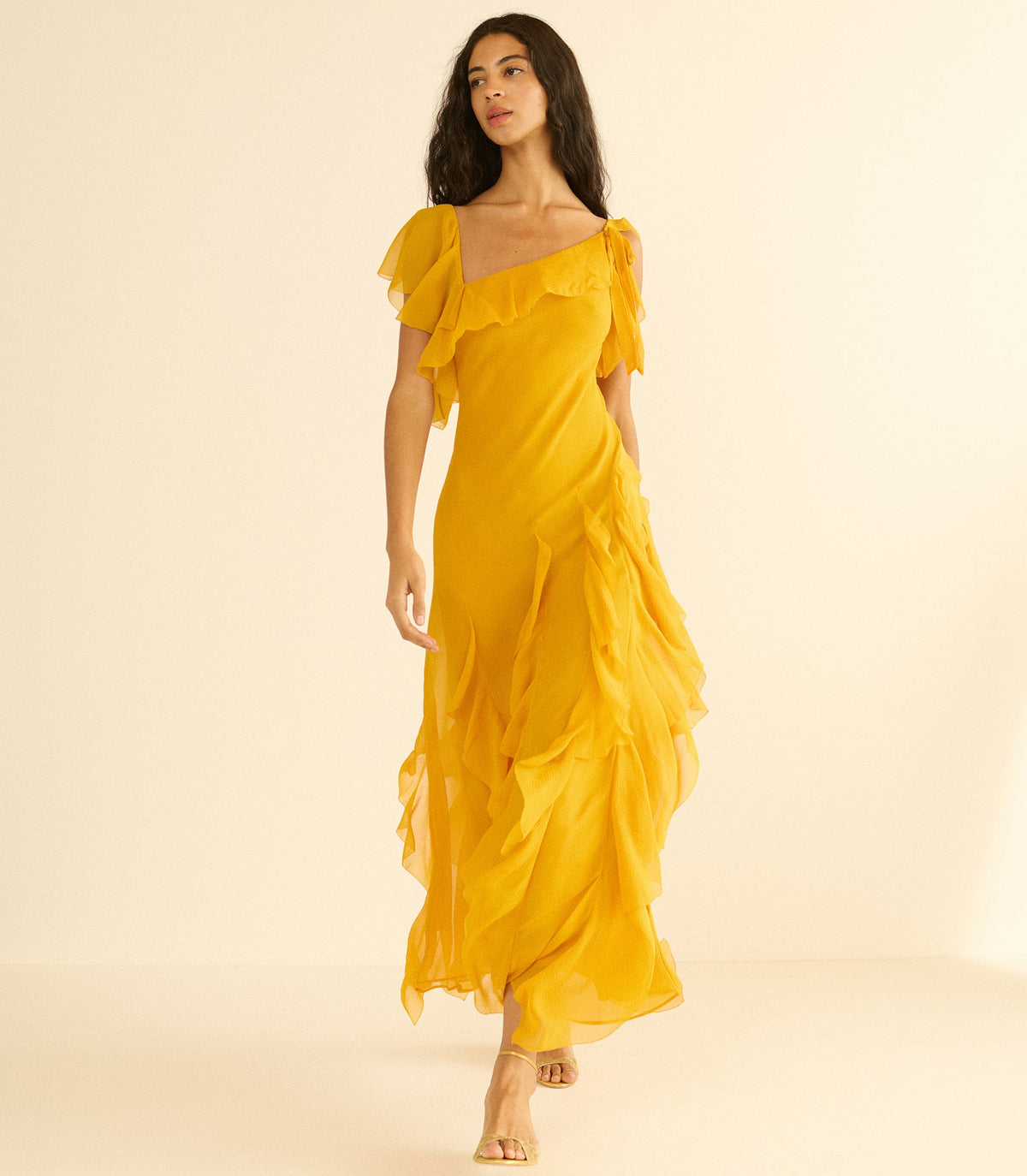 Zelia Silk Chiffon Asymmetric Maxi Dress – Sunflower