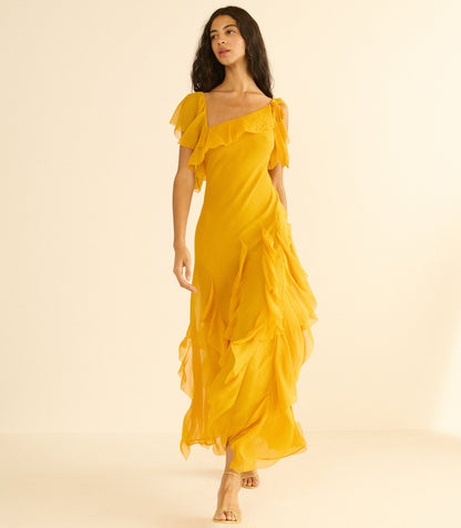 Zelia Silk Chiffon Asymmetric Maxi Dress – Sunflower
