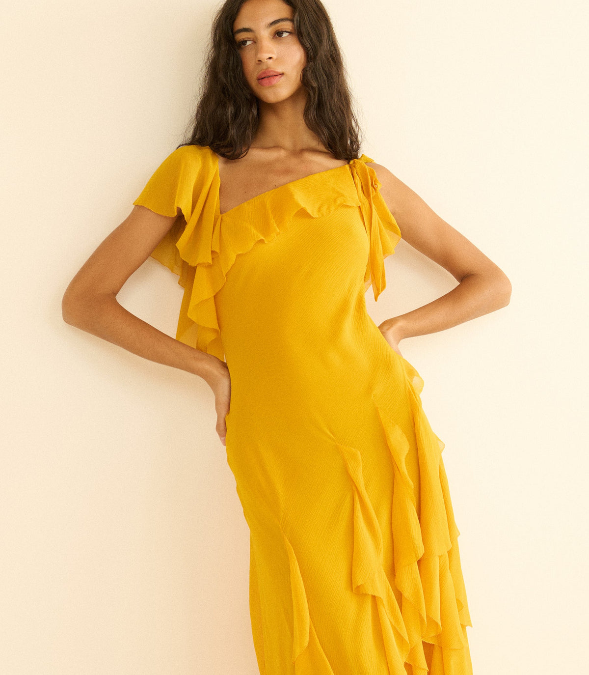 Zelia Silk Chiffon Asymmetric Maxi Dress – Sunflower