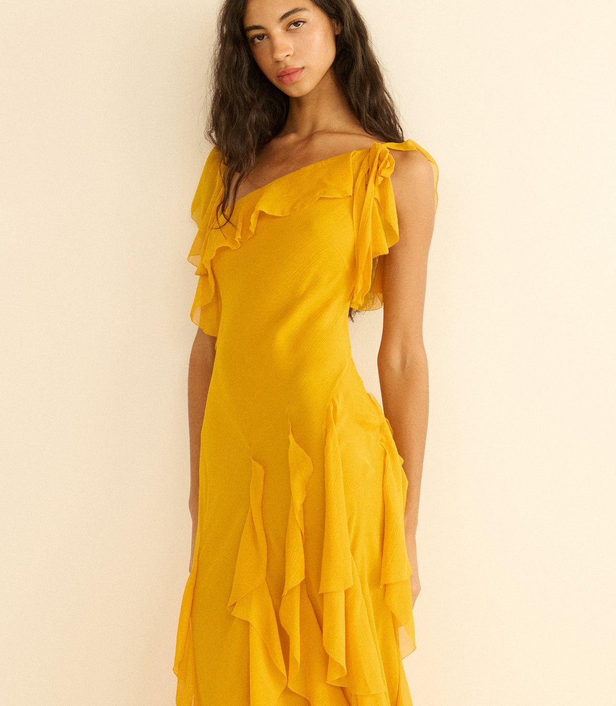 Zelia Silk Chiffon Asymmetric Maxi Dress – Sunflower