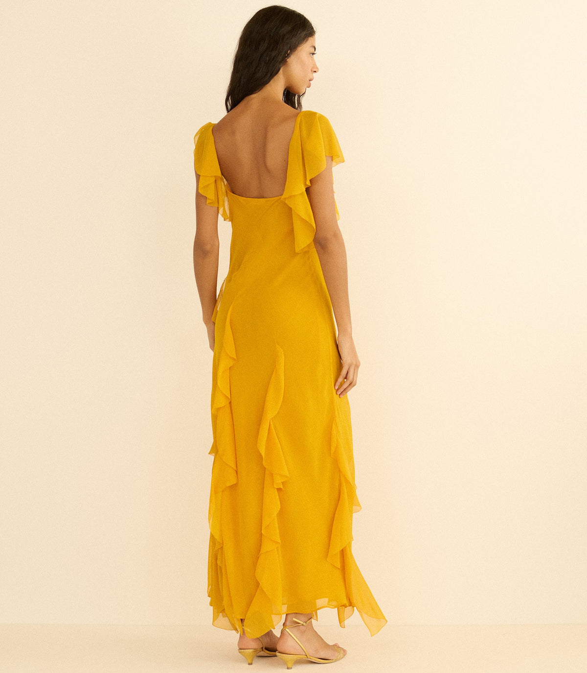Zelia Silk Chiffon Asymmetric Maxi Dress – Sunflower