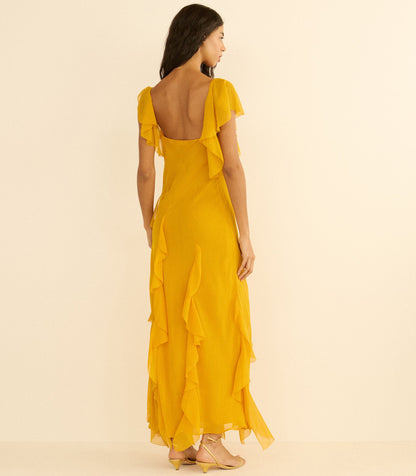 Zelia Silk Chiffon Asymmetric Maxi Dress – Sunflower
