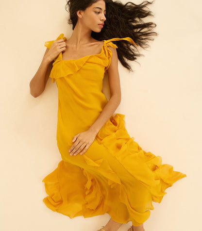 Zelia Silk Chiffon Asymmetric Maxi Dress – Sunflower