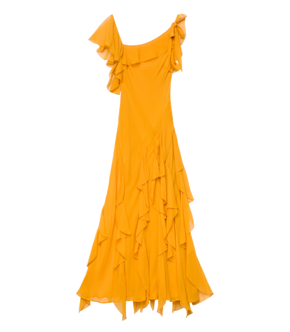 Zelia Silk Chiffon Asymmetric Maxi Dress – Sunflower
